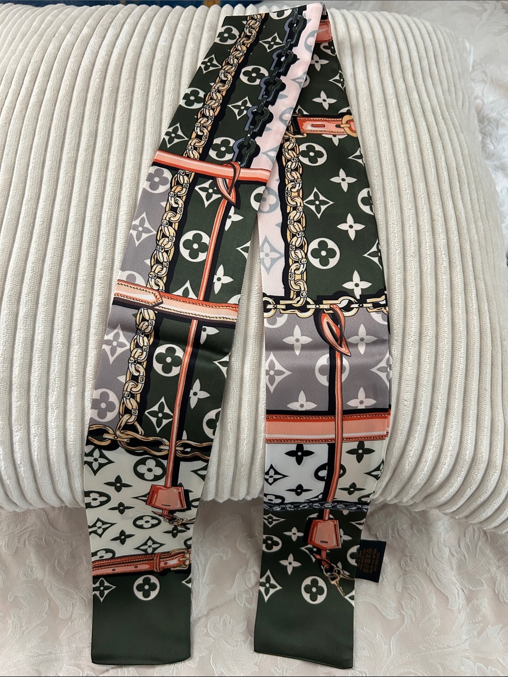 Olive Green & Hues of Orange, Gray & White Silk Feeling Twilly or Scarf.